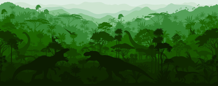 green Seamless vector tropical forest with Giganotosaurus, Stegosaurus, Tyrannosaurus, Gallimimus, Neovenator, styracosaurus, iguanodon, pyroraptor, Patagotitan, Brachiosaurus and pterodactyl