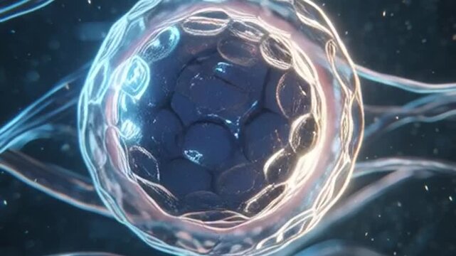Microscopic embryo development, cells dividing, early stage blastocyst, science animation