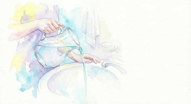 Watercolor illustration of hand pouring water from jug in soft pastel tones for cleaning blogs housekeeping articles and tidying concept with copy space
