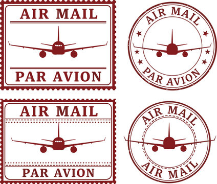 Set of vintage air mail stamps and par avion postmarks featuring airplane silhouettes for travel and postal correspondence design
