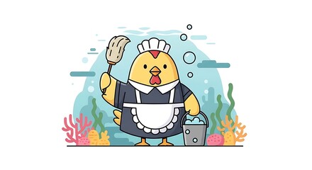 Naklejka premium A cartoon chicken, dressed as a maid with a mop and bucket, in an underwater scene with seaweed and bubbles