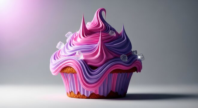 A deconstructed cupcake reimagined as a fluid organic mound with glossy highlights, creamy textures, and swirling sculptural icing shapes, frosting, bakery, design