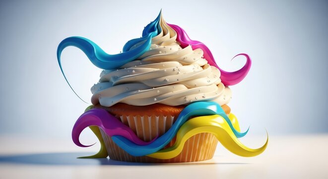 A deconstructed cupcake reimagined as a fluid organic mound with glossy highlights, creamy textures, and swirling sculptural icing shapes, fluid, minimal, beige