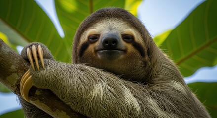 Fototapeta premium portrait of a relaxed sloth perched on a tree branch in its natural habitat.