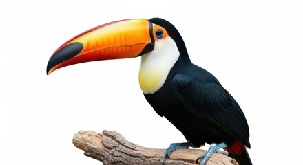 Naklejka premium Vibrant toco toucan perched on a wooden branch isolated against a white background.
