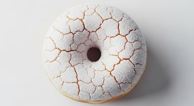 A close-up shot of a single round donut featuring a thick layer of white sugar icing with visible cracks and an uneven sugary texture, wood, yeast, glazed