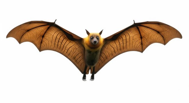 Large fruit bat spreads its wings wide against a white background.