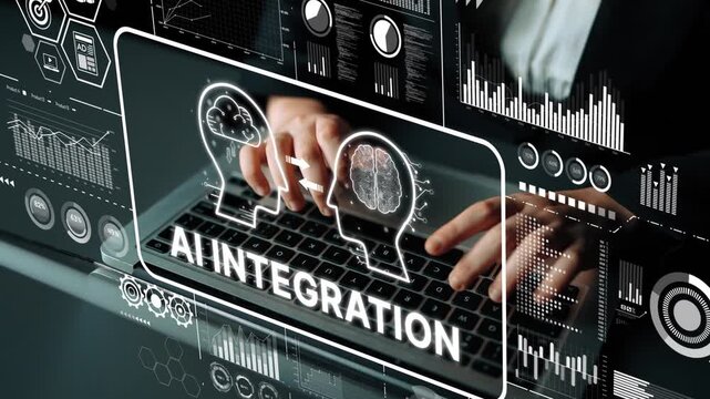 Modern Workspace with AI Integration Concept and Data Visualization for Business Innovation and Technology Advancement. Asymptotic smart data analytic.
