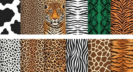 Obraz premium Collection of diverse animal print patterns featuring feline markings and textures.