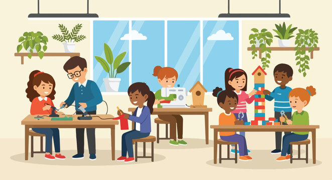Diverse children and a teacher engage in various creative activities like soldering, sewing, and building in a bright, modern classroom workshop.