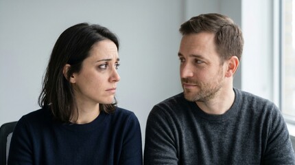 Obraz premium A couple looking at each other, one seems sad and the other one appears to be empathic.