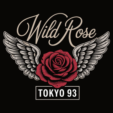 Vintage Wild Rose Winged Emblem with &ldquo;Tokyo 93&rdquo; Typography on Black Background