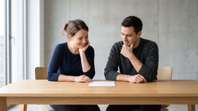 A couple examining a document at a wooden table.