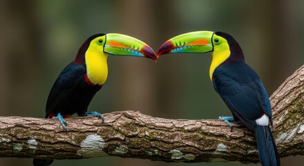 Naklejka premium Two keel-billed toucans perch on a tree branch and face each other closely.