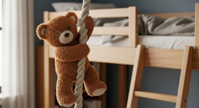 Teddy bear climbing rope near bunk bed playful childlike interior decor