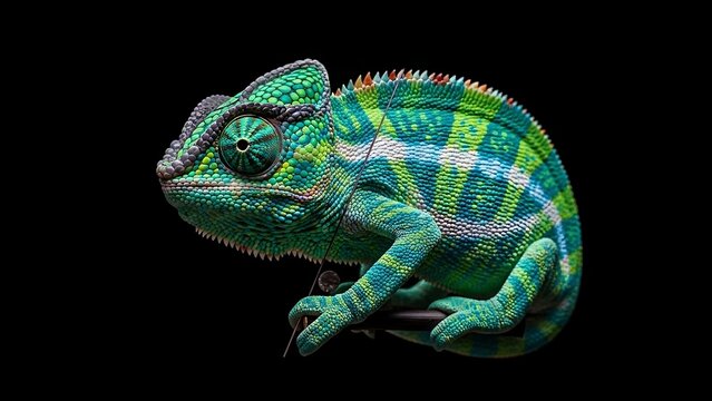 Colorful chameleon on black background closeup.
