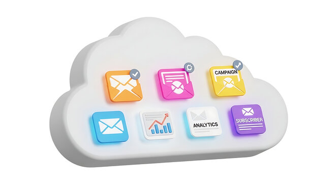 A colorful illustration of a cloud computing concept with various icons floating on it.