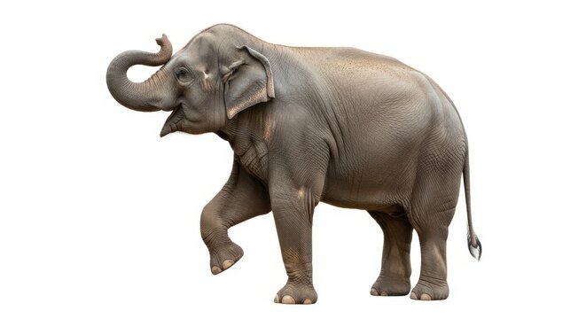Large elephant walks with its trunk raised in a playful pose against a white background.