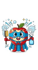 Fototapeta premium A cartoon superhero apple wearing a mask and cape, holding a brush and spray bottle, with bubbles