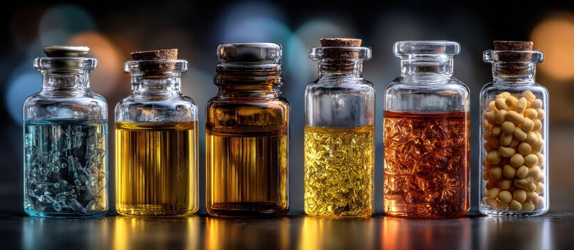 Assortment of small glass bottles filled with colorful liquids and small objects