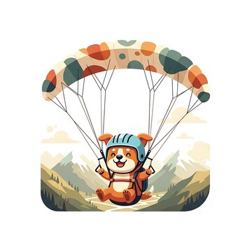 A cartoon dog enjoys paragliding over a mountainous landscape with a colorful parachute and a cheerful expression