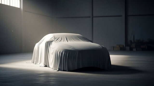 Car covered with white sheet indoors.