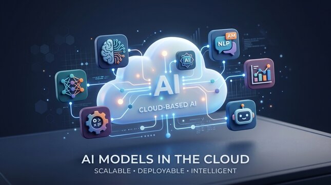 3D visualization of AI models deployed in a futuristic cloud computing environment.