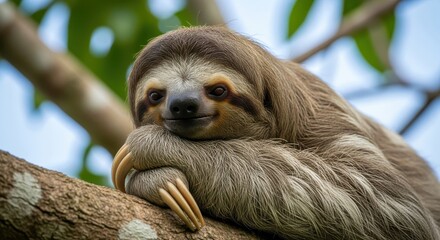 Fototapeta premium portrait of a relaxed three-toed sloth resting its head on a tree branch in the rainforest.