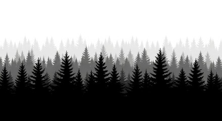 Obraz premium Pine forest silhouettes create layers of depth against a plain white background.