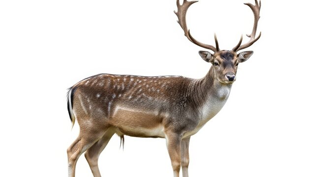 Majestic fallow deer stands gracefully against a pure white background.