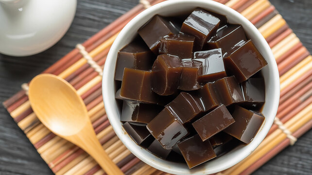 A close-up photograph of dark brown grass jelly cubes in a white ceramic bowl, placed on a light brown bamboo mat