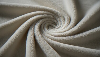 A close-up of a soft, creamy white plush fabric arranged in a elegant spiral swirl pattern, creating a textured background. © artvibi