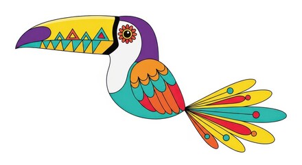 Naklejka premium Stylized toucan bird illustration features vibrant geometric patterns and colorful plumage.