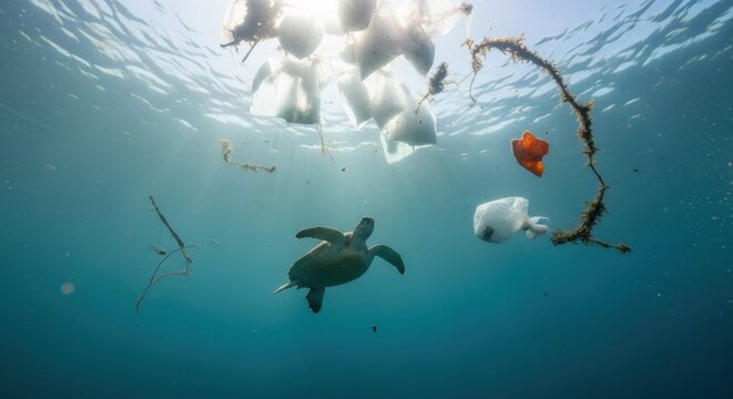 Sea turtle swims through polluted water filled with floating plastic debris.