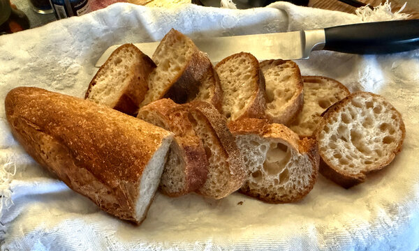 Sliced baguette in a bread basket