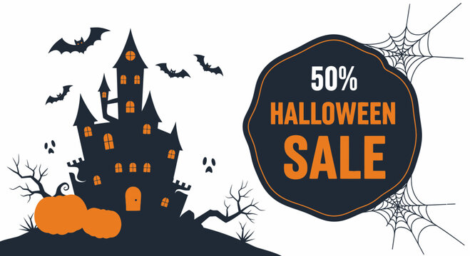 Halloween Sale 50% Off Haunted House Bats Pumpkin Spiderweb Discount Graphic