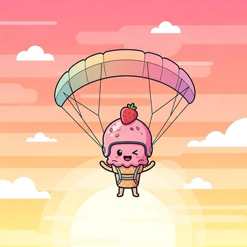 A cartoon ice cream character with a strawberry on top joyfully skydiving with a rainbow parachute in a vibrant sunset scene