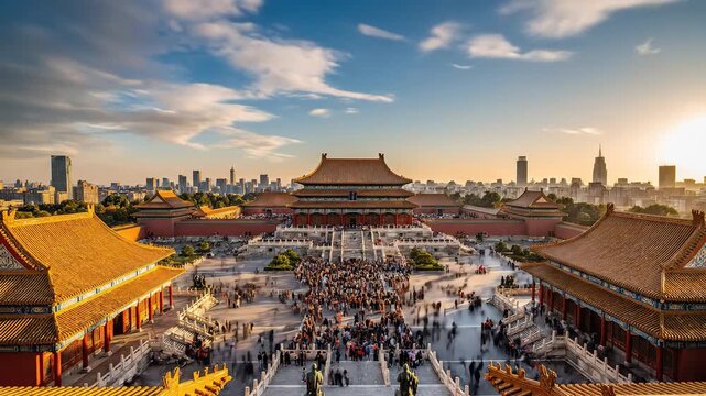 Golden Hour Over Forbidden City Beijing China Ancient Architecture Landmark.