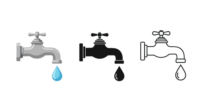 Dripping Faucet Icons Simple illustrations of water taps with falling droplets, symbolizing water conservation and resource management
