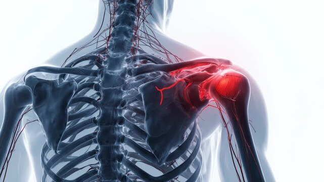 Rear view detailed 3D model of human shoulder highlighting right side pain with red effects, on clean whiite background, medical visualization, anatomy focus, 4K video