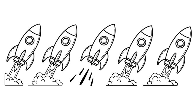 Several cartoon-style rockets launching into the air with smoke billowing from their bases, symbolizing a collective launch or successful project completion