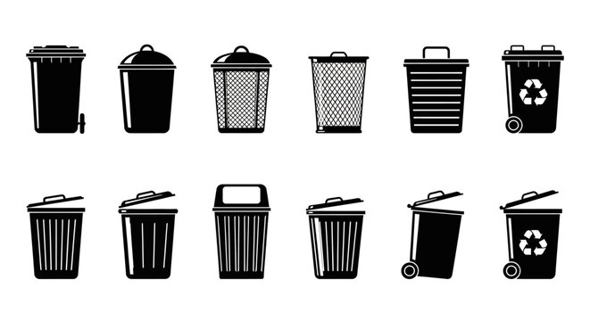 Various types of trash cans and recycling bins in a black and white vector illustration for waste management and eco-friendly concepts