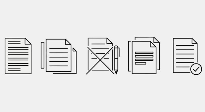 Versatile vector line icons symbolizing key stages in document management, from initial creation and editing to review, rejection, and final approval processes