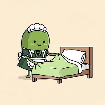 A cartoon character dressed as a maid, tidying a bed with a green coverlet and white pillow. It has a cheerful expression