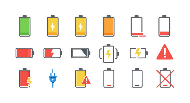 Comprehensive vector illustration set of battery level indicators displaying various charge states, from full to empty, including charging, warning, and error icons for digital interface design