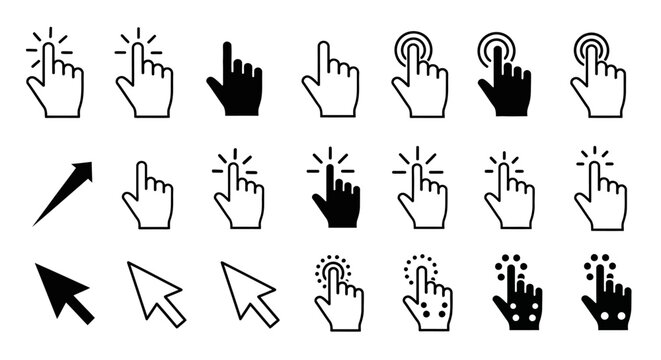 Set of various cursor icons in black and white, representing computer mouse pointers and hand click symbols for web design and user interface elements