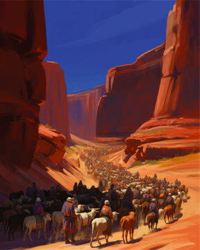 Vast Desert Canyon Caravan Painting with Nomads Herding Livestock Through Red Sandstone Cliffs Under Blue Sky