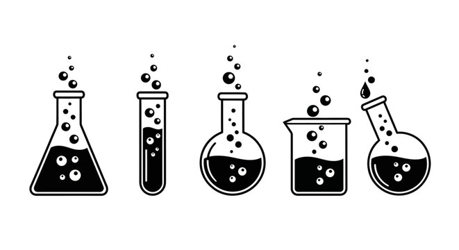 Set of laboratory glassware with bubbling liquids, representing scientific experiments and chemical reactions