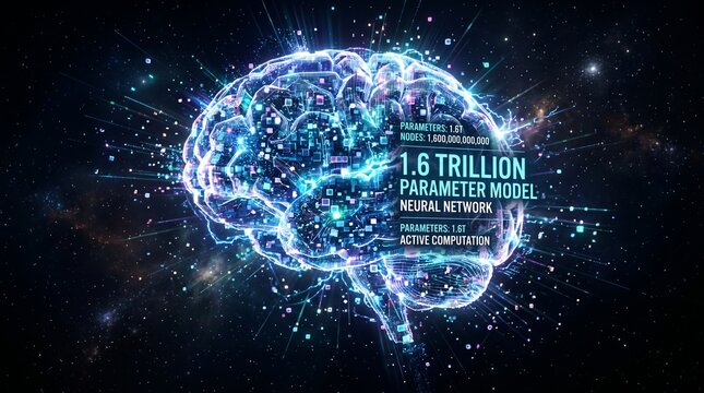 Abstract glowing human brain representing a 1.6 trillion parameter neural network model in a digital cosmic space.