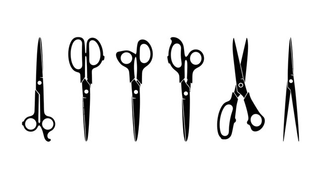 Set of vector black scissor silhouettes, featuring various types of sharp cutting tools for professional tailoring, creative crafting, and essential household tasks